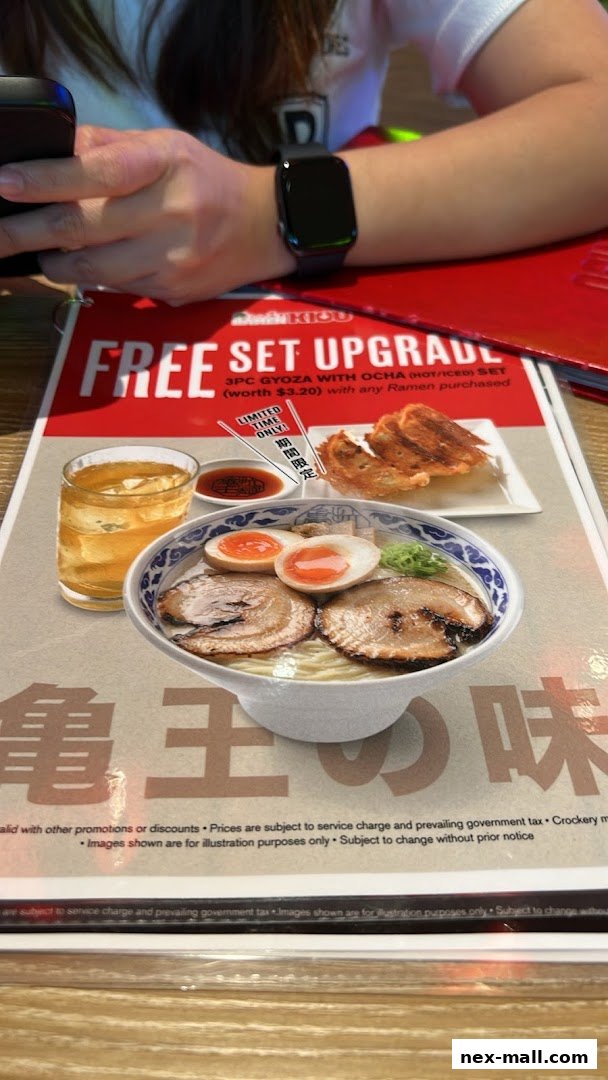 A promotional menu featuring a free set upgrade with ramen purchase.