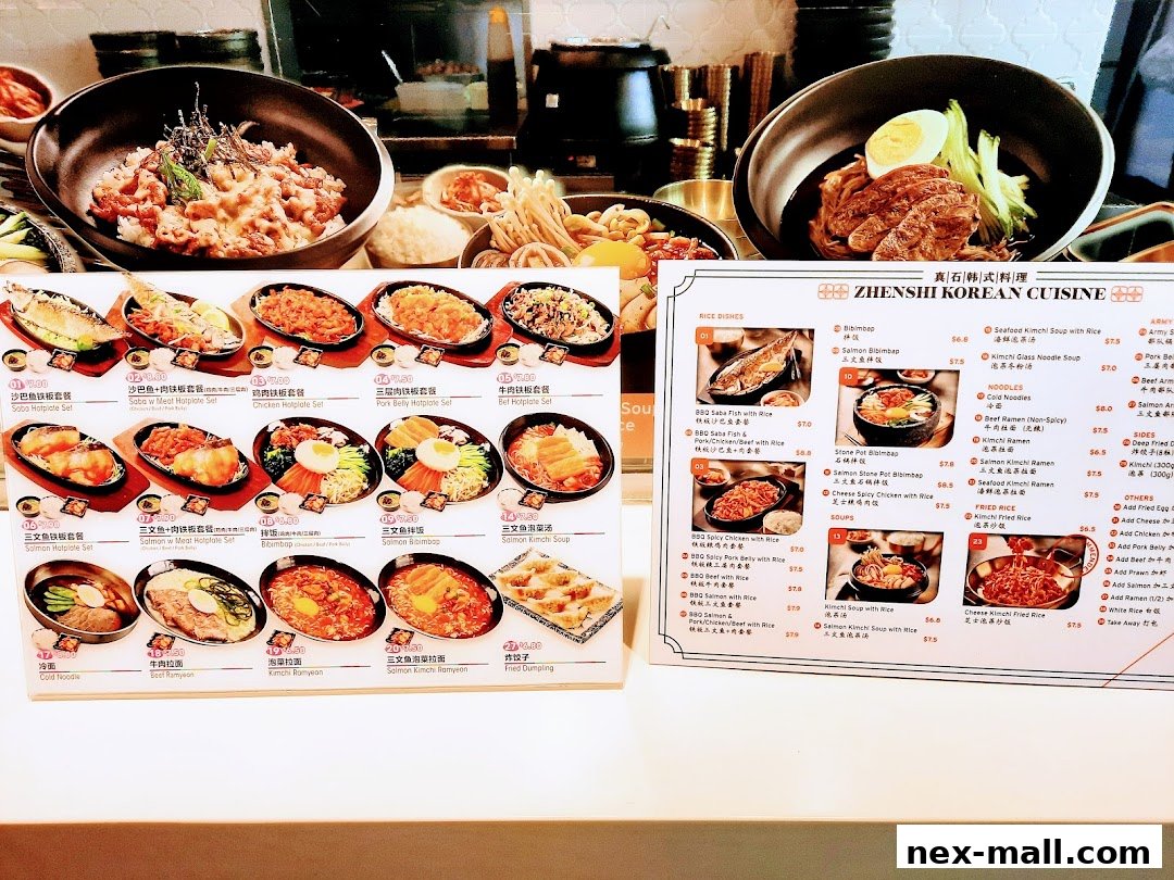 A menu from Zhenshi Korean Cuisine featuring various Korean dishes with images and prices.