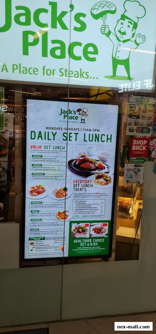 A digital menu board for Jack's Place restaurant, showcasing daily set lunches and everyday set lunch treats.