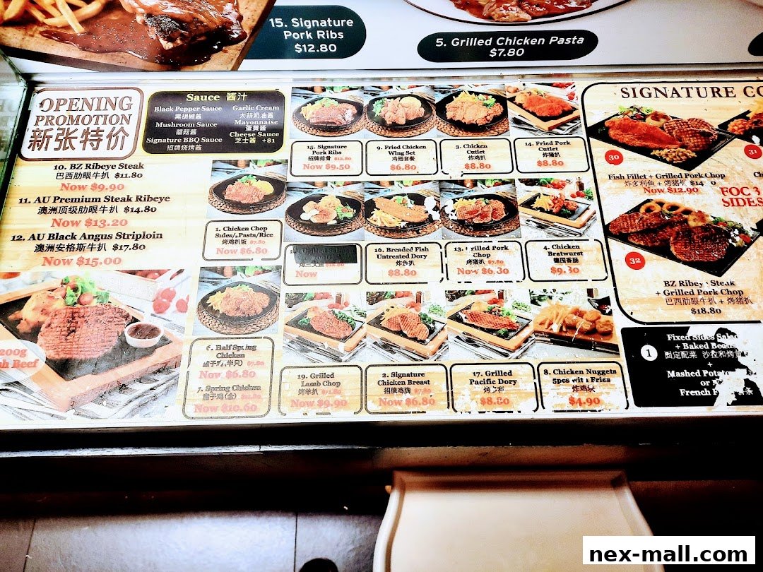 A menu board displaying various steak, chicken, and fish dishes with prices and promotions.