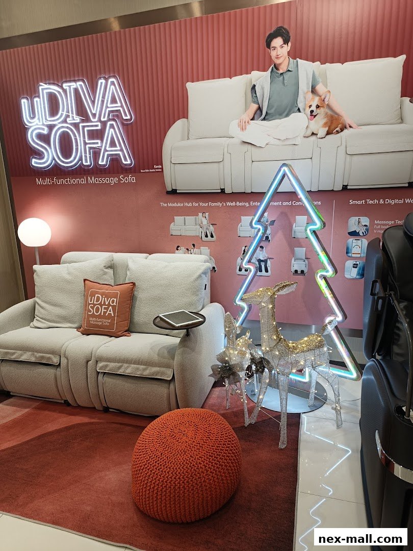 A modern living room setup featuring a uDiva massage sofa, festive decorations, and a massage chair.