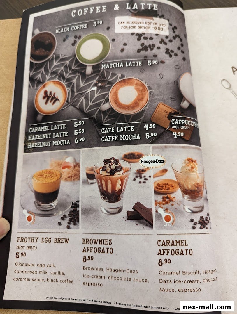 A menu page showcasing various coffee and latte drinks, including affogatos and a frothy egg brew.