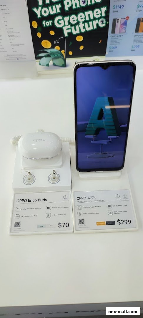 OPPO Enco Buds and OPPO A77s smartphone displayed with pricing and features.