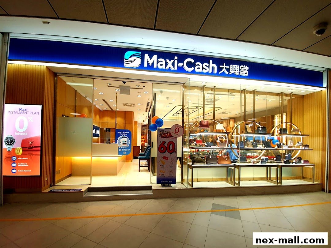 The exterior of a Maxi-Cash pawnshop with a display of handbags and accessories.