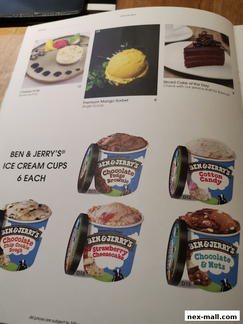 A menu page showcasing Ben & Jerry's ice cream cups and other desserts.