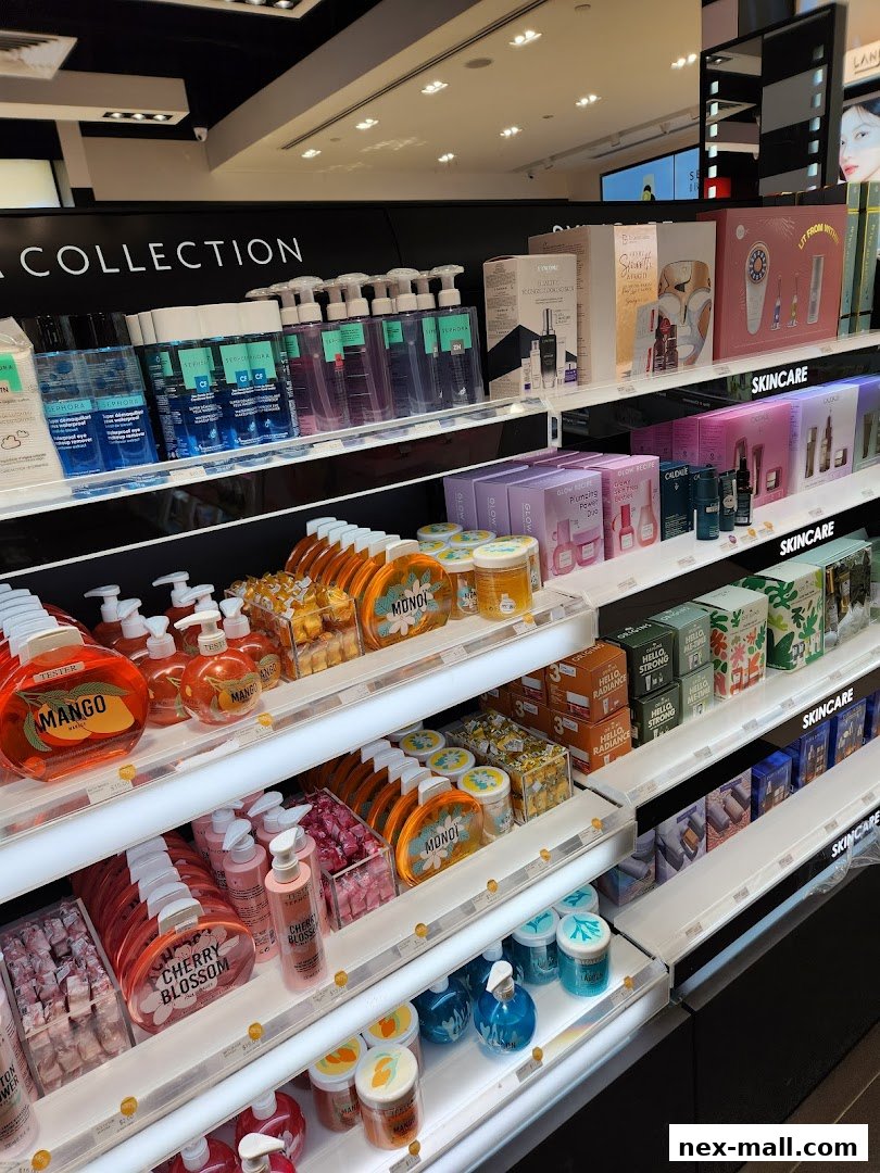 A well-lit display of various skincare and beauty products on shelves at Sephora.