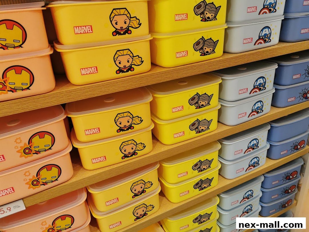 Shelves filled with Marvel-themed storage containers featuring Iron Man, Captain America, Thor, and Spider-Man.