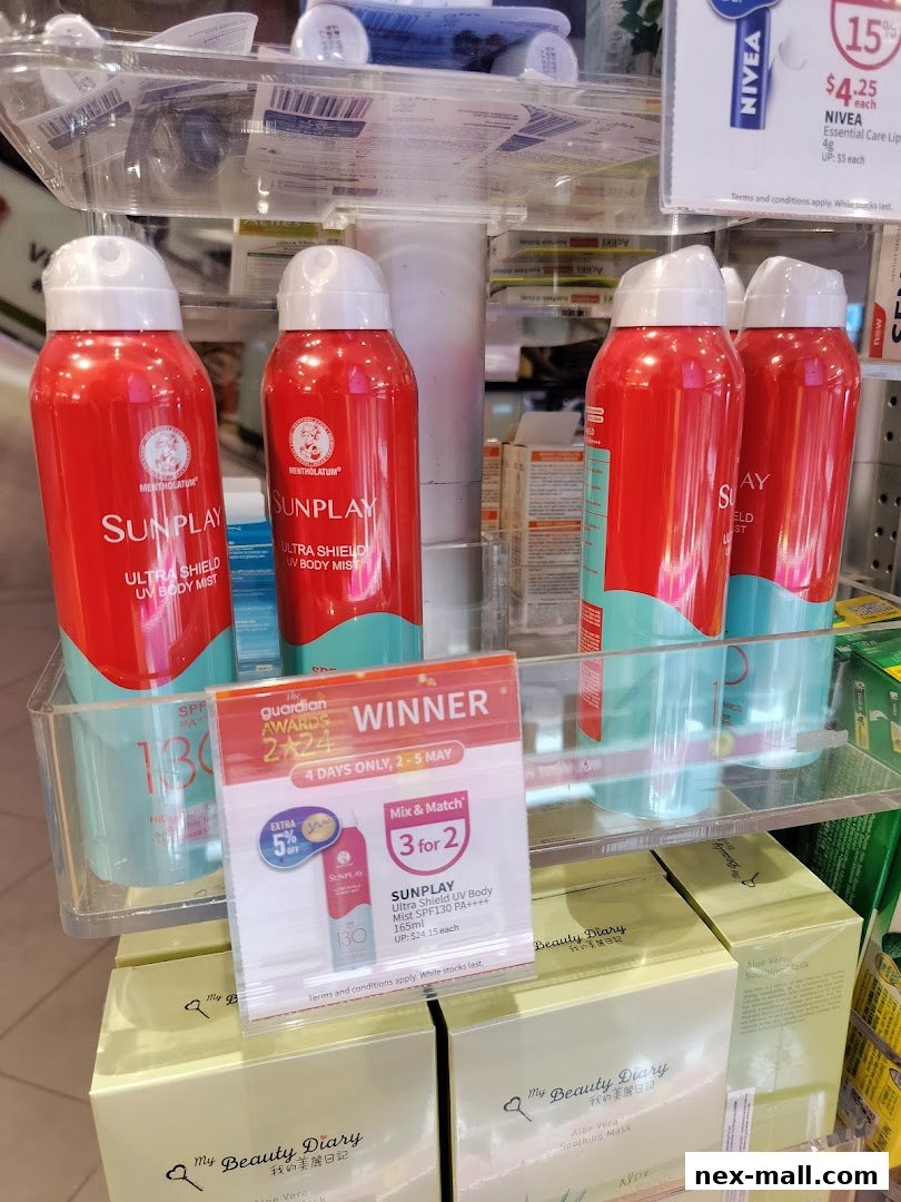Sunplay Ultra Shield UV Body Mist displayed with a promotional offer at Guardian.