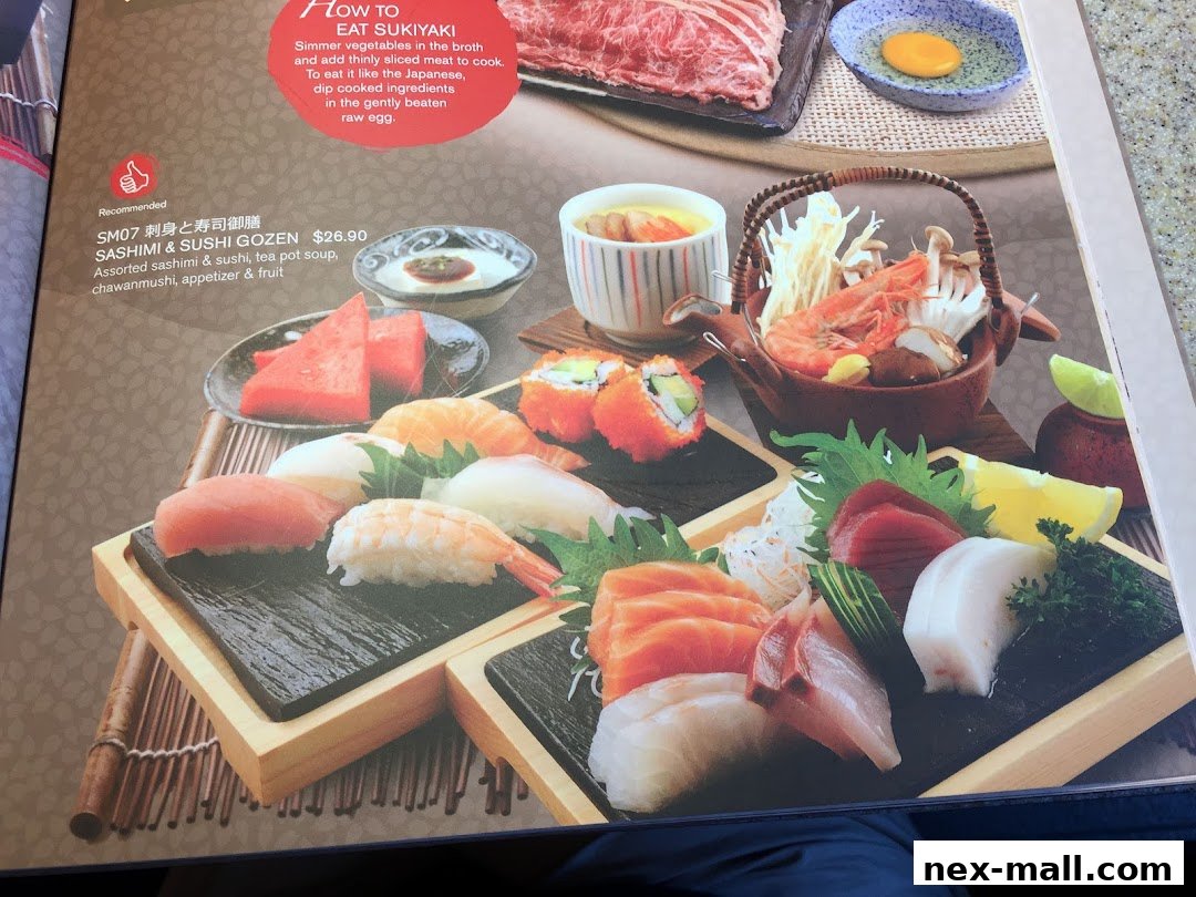 A menu page showcasing a Sashimi & Sushi Gozen set with various sushi, sashimi, and accompaniments.