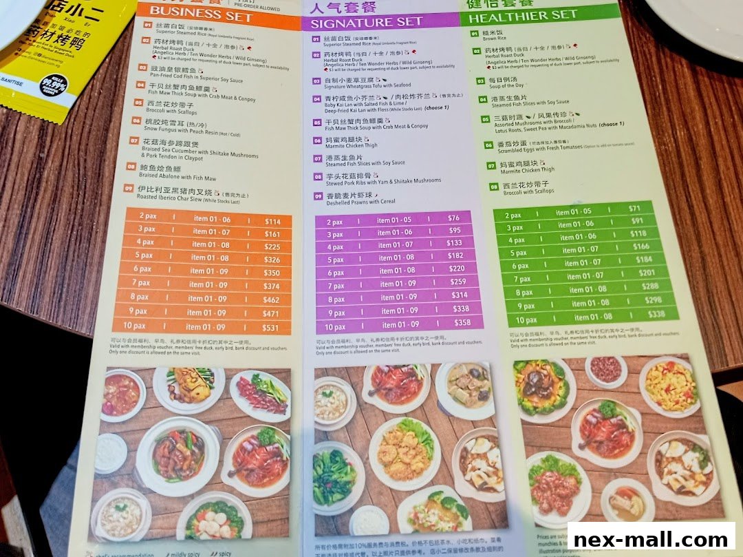 A menu from Dian Xiao Er NEX featuring business, signature, and healthier set meals with prices for different pax.