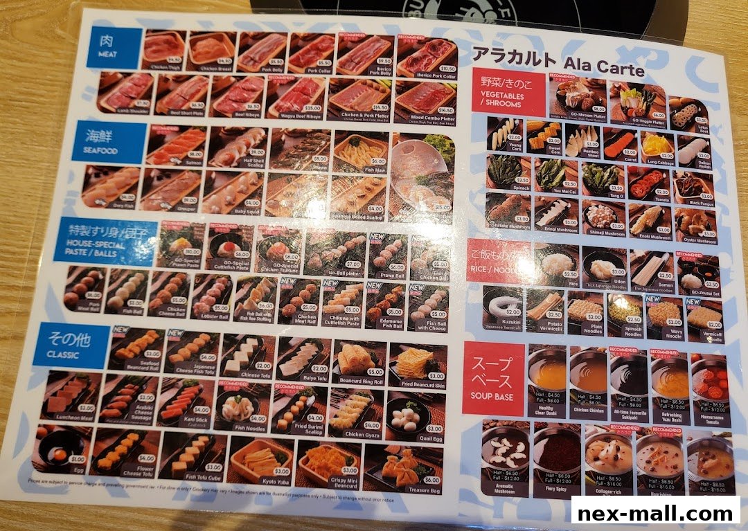 A menu for SHABU-GOJOY JAPANESE FOOD STREET featuring various meats, seafood, vegetables, and soup bases.