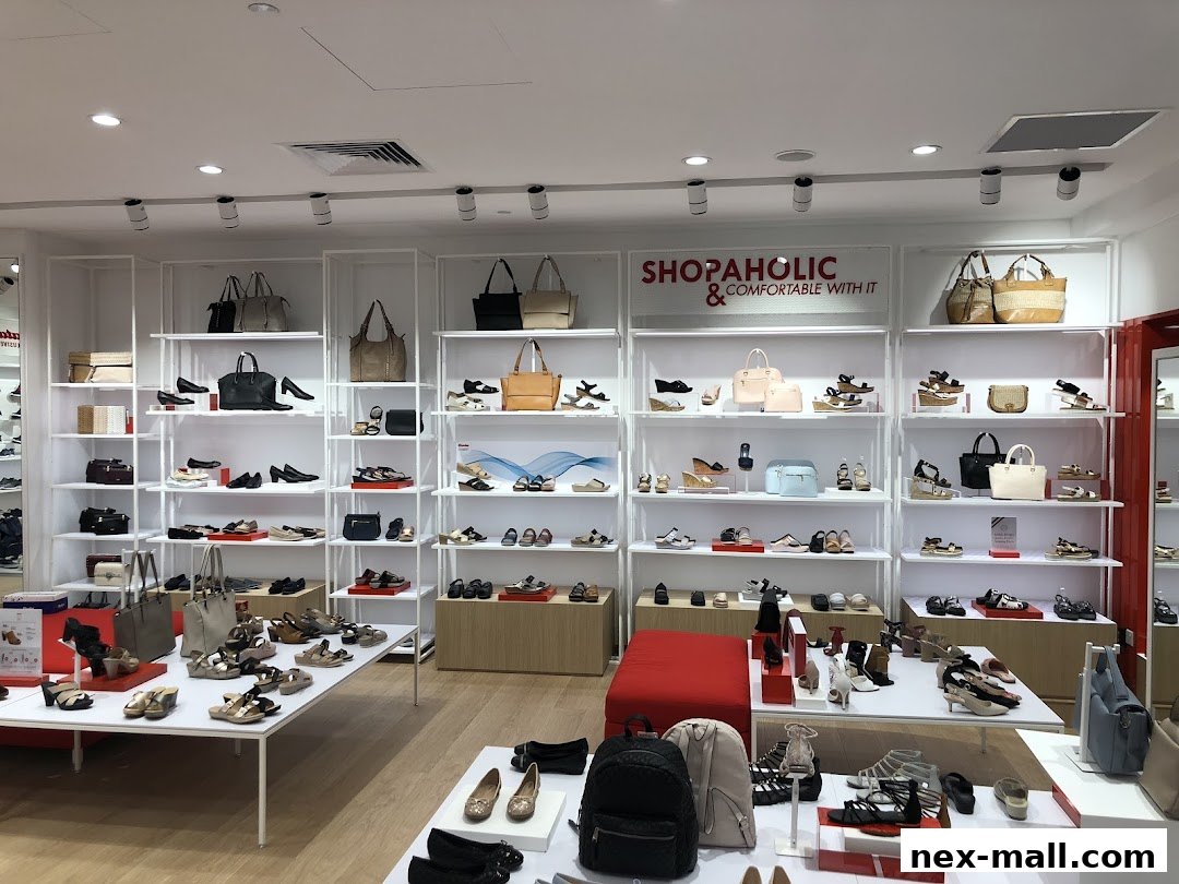 Interior view of a Bata shoe store showcasing a wide variety of footwear and handbags on display shelves.