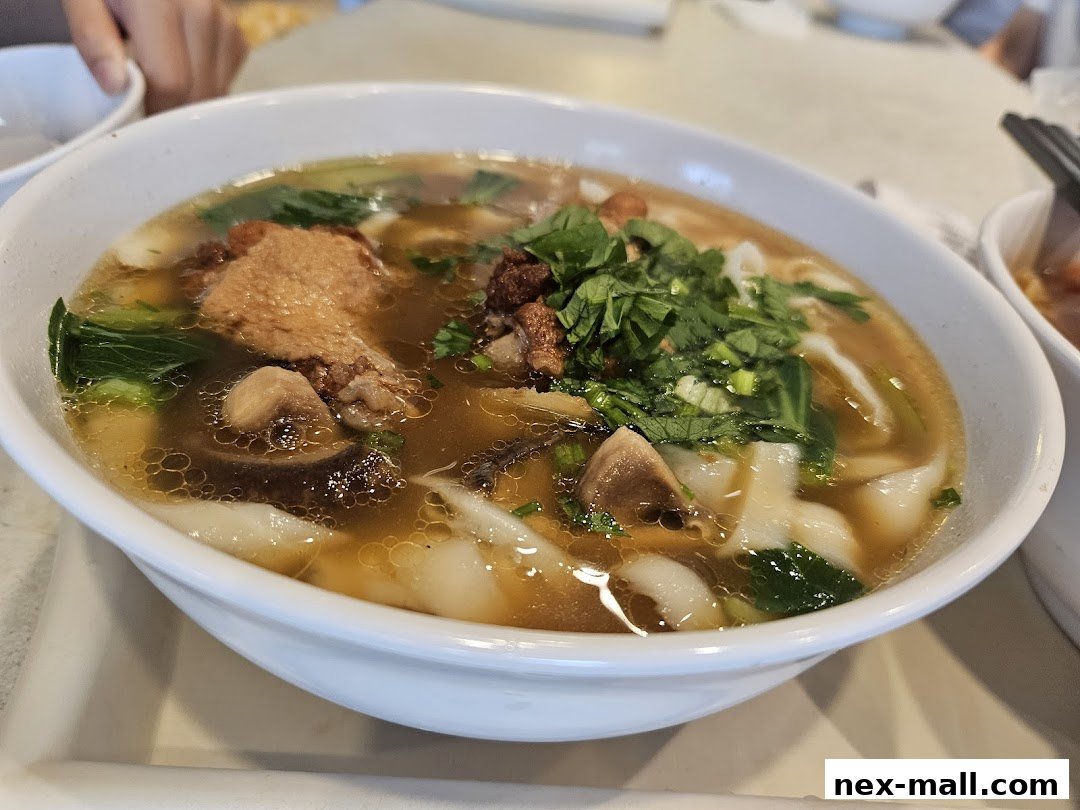 A close-up shot of a steaming bowl of noodle soup with meat, vegetables, and mushrooms.