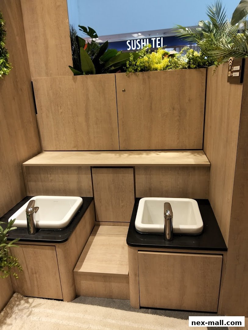 Interior view of FootNote Reflexology with two foot wash basins and lush greenery.