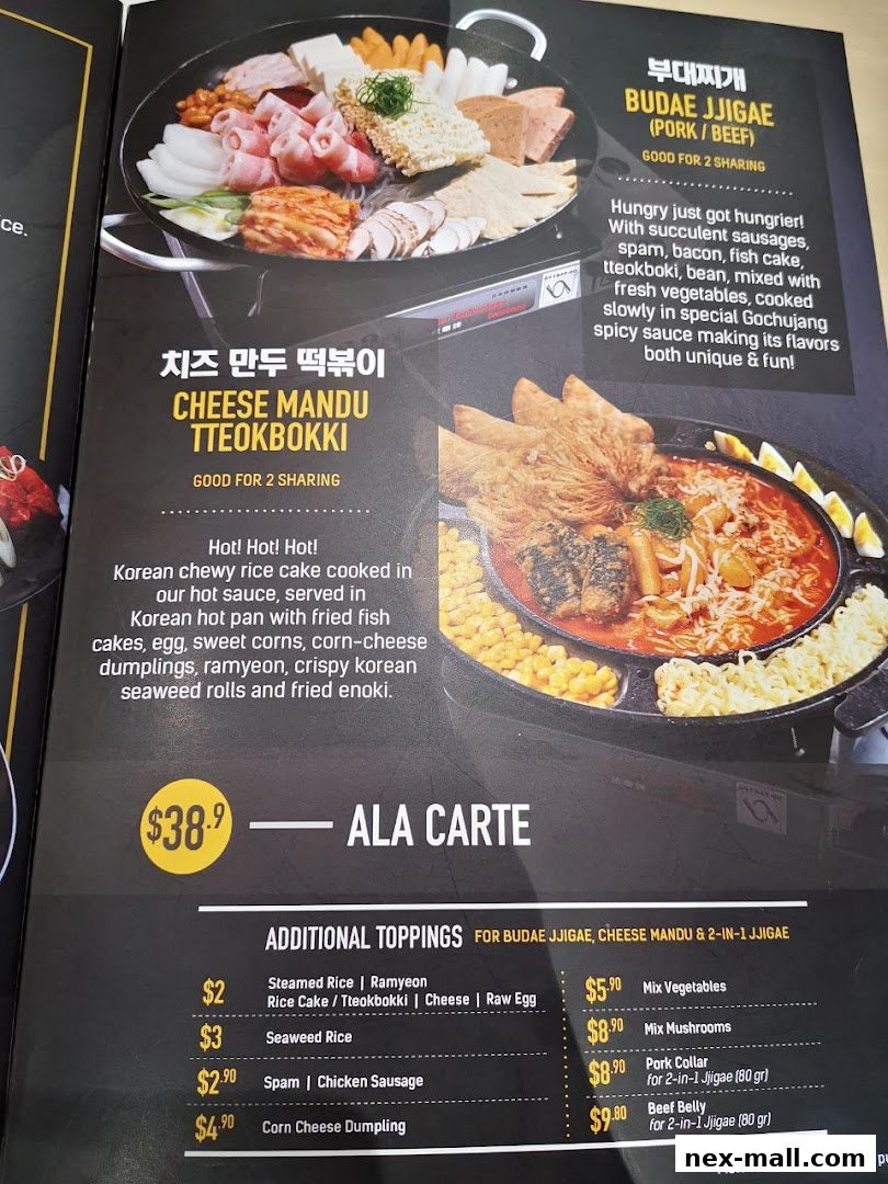 A menu featuring Korean dishes like Budae Jjigae and Cheese Mandu Tteokbokki with additional toppings.