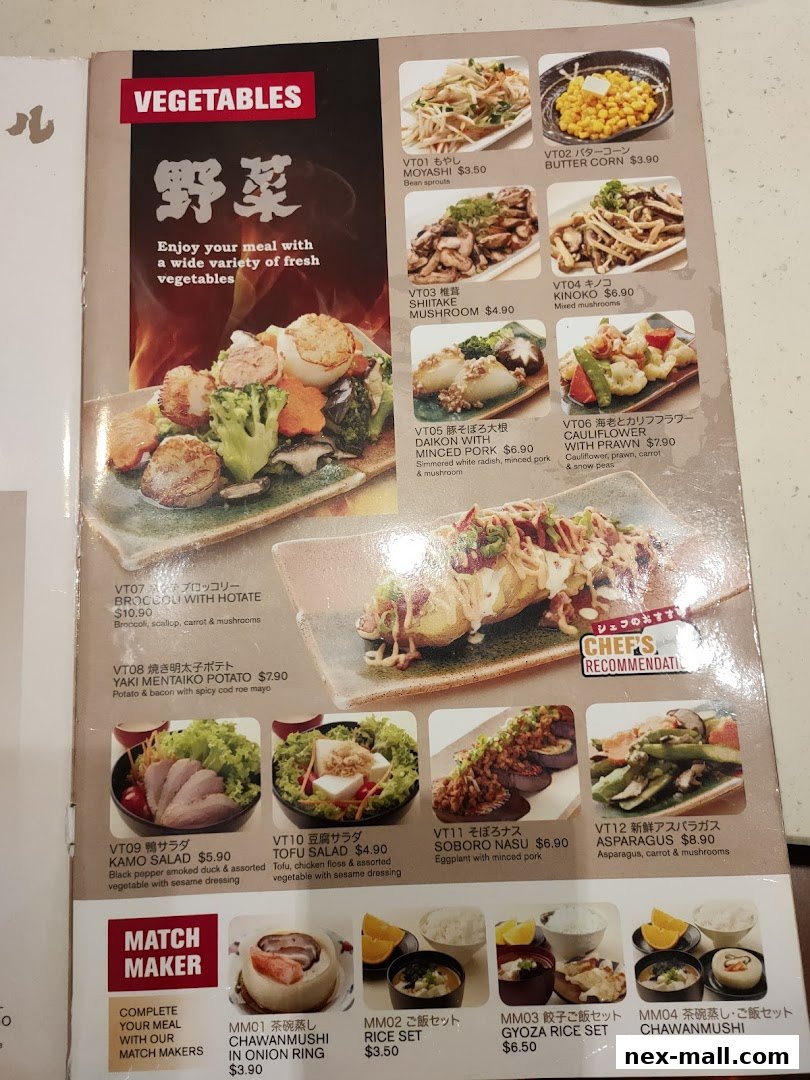 A menu page showcasing various vegetable dishes and meal sets with prices.