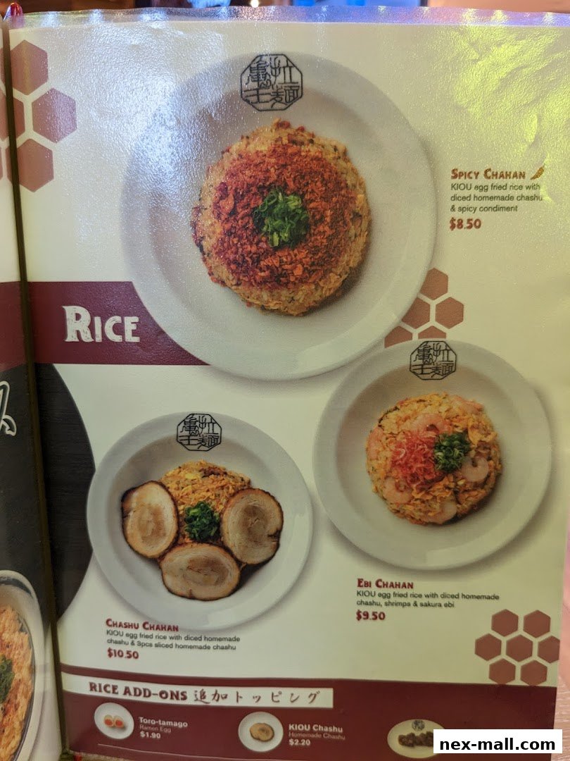 A menu page showcasing various chahan rice dishes and add-ons from Ramen Kiou.