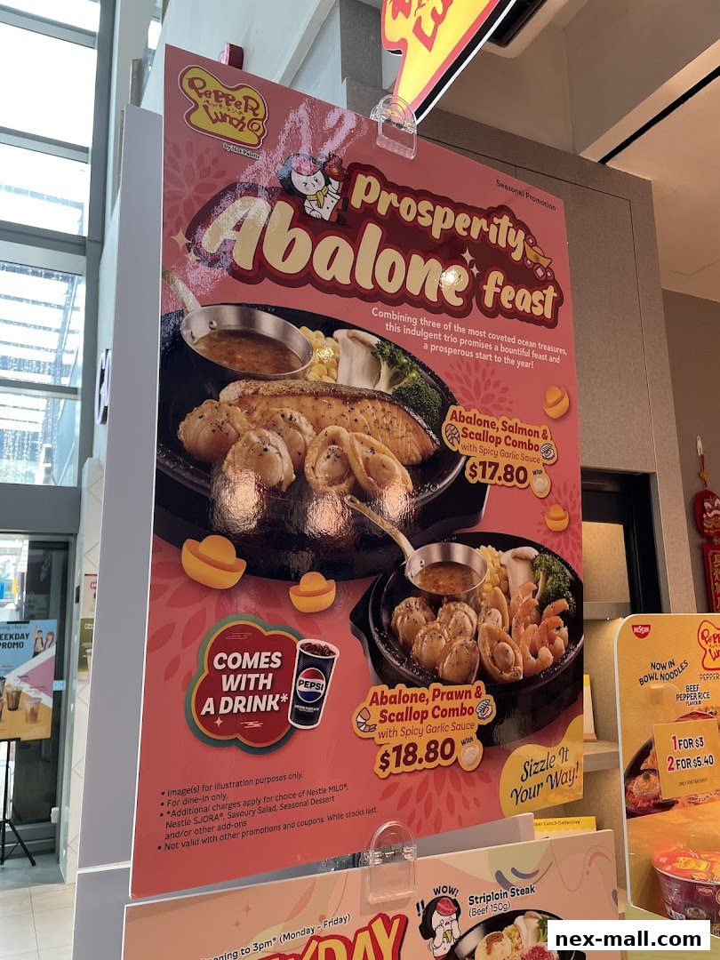 A promotional poster for Pepper Lunch featuring a 'Prosperity Abalone Feast' with two combo meal options.