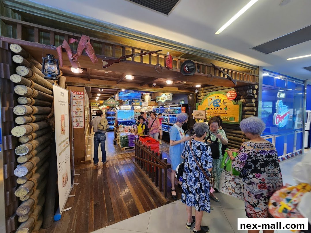 People entering a pet store with a rustic, log-cabin themed entrance.