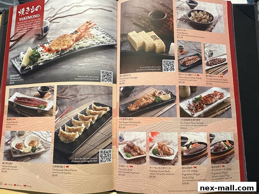 A menu from Sushi Tei featuring various Japanese dishes, including grilled seafood and meat.