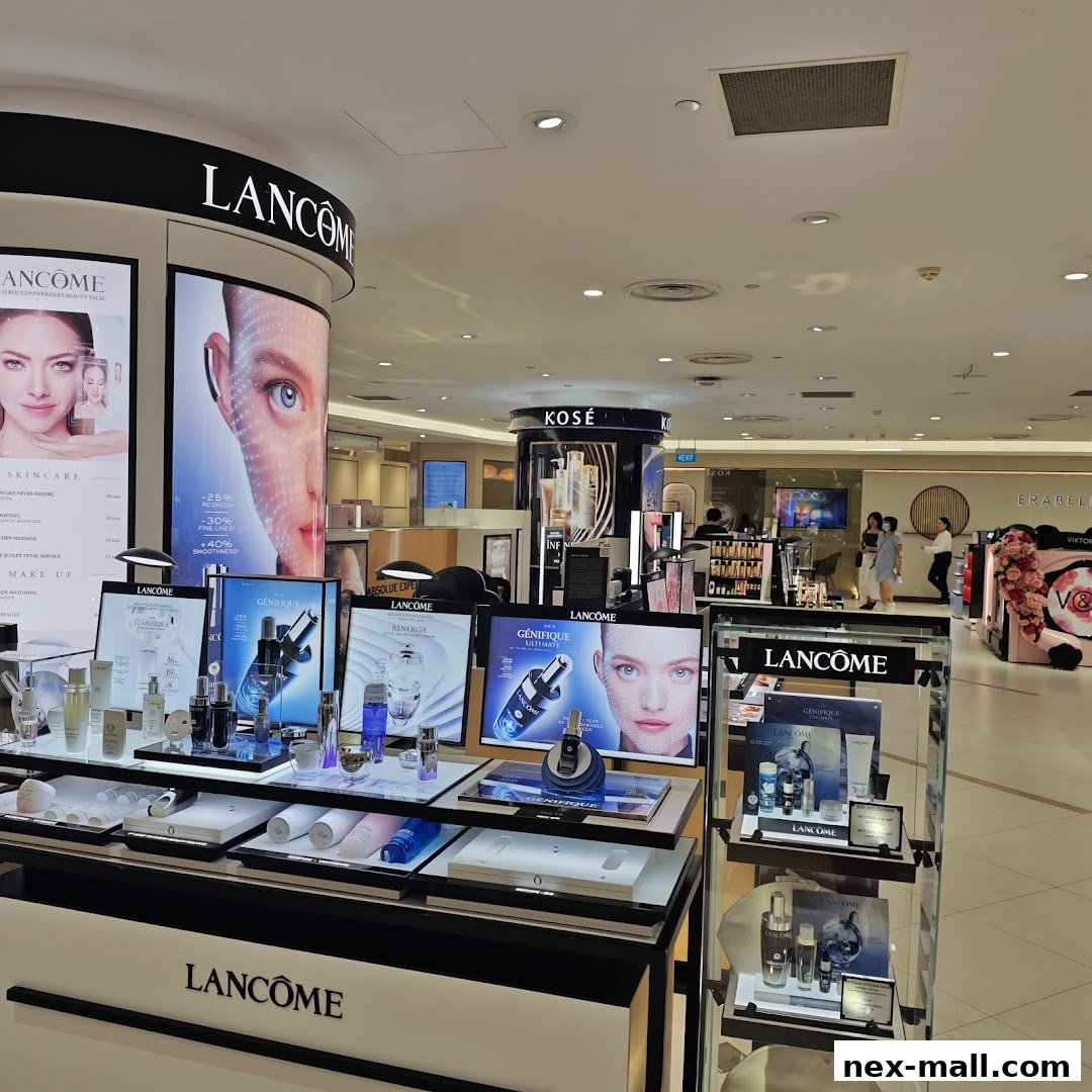 A well-lit display of Lancôme skincare products and promotional materials in a department store.