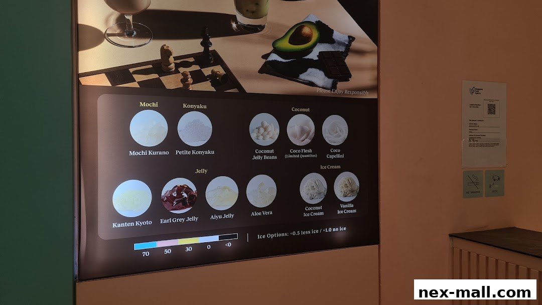 A menu display showcasing various dessert toppings and ice cream flavors with visual examples.