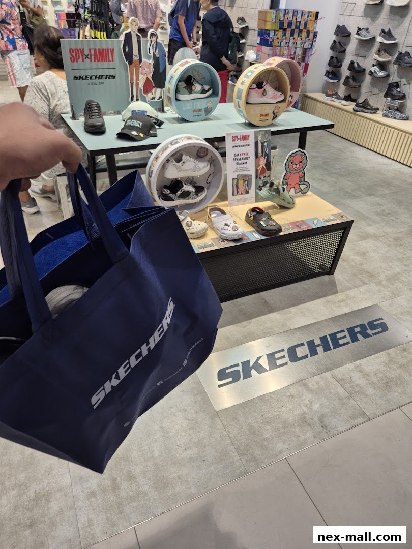 A Skechers store interior featuring Spy x Family merchandise and various shoe displays.