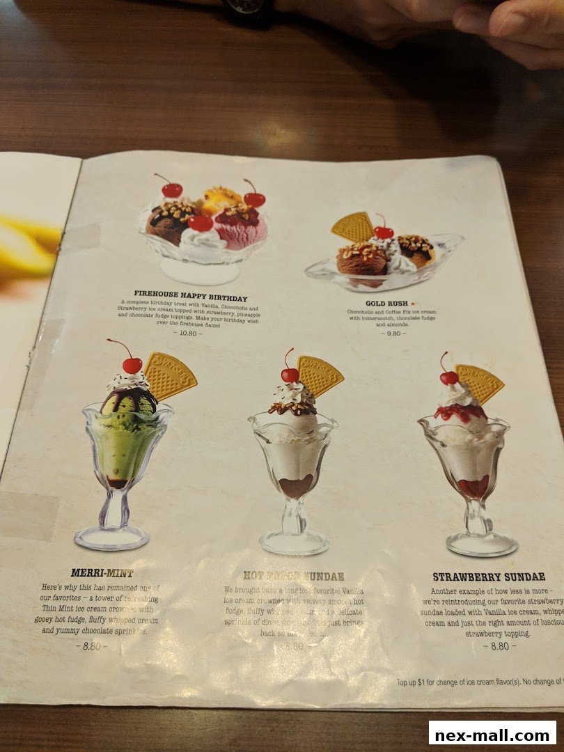 A menu page from Swensens featuring various ice cream sundaes with descriptions and prices.
