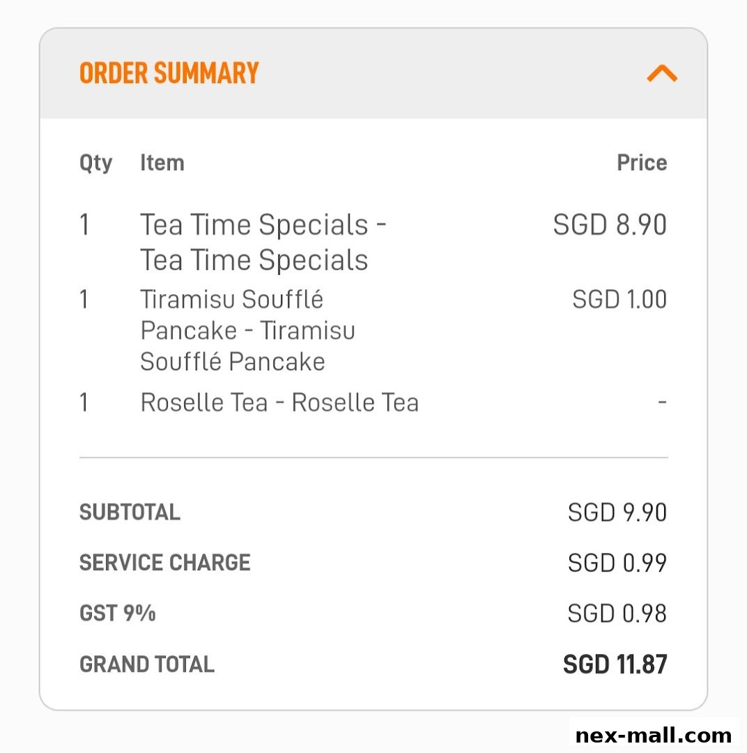 An order summary showing items, quantities, and prices from Tamago-EN NEX.