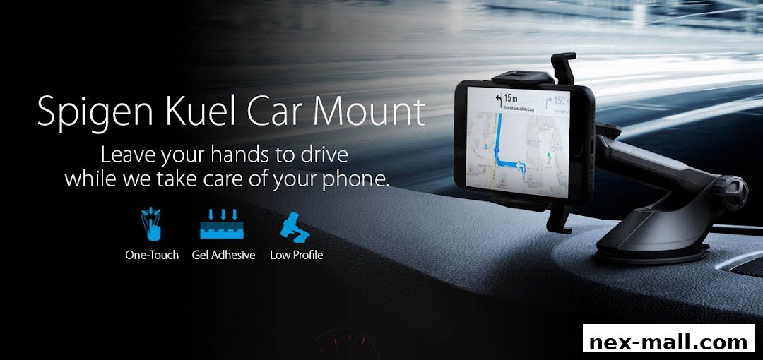 A Spigen Kuel car mount holding a smartphone with navigation displayed.