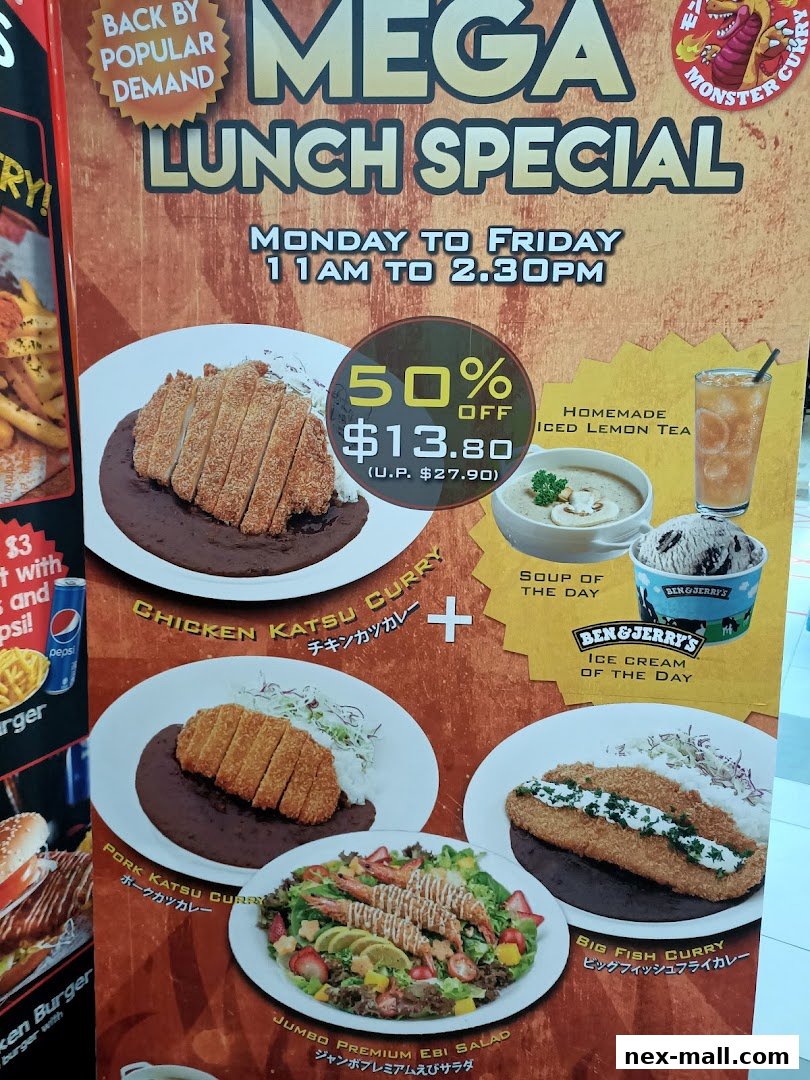 A promotional poster for Monster Curry's Mega Lunch Special, featuring various curry dishes and sides.