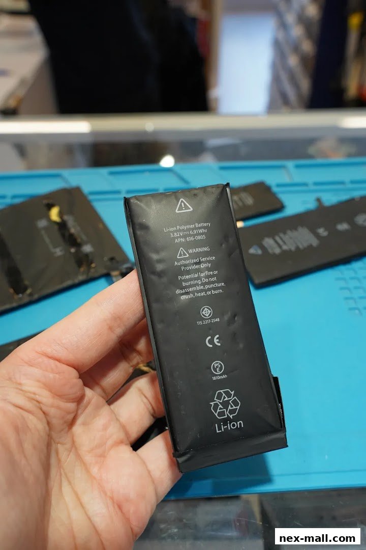 A hand holds a swollen Li-ion Polymer battery with repair warnings and specifications visible.