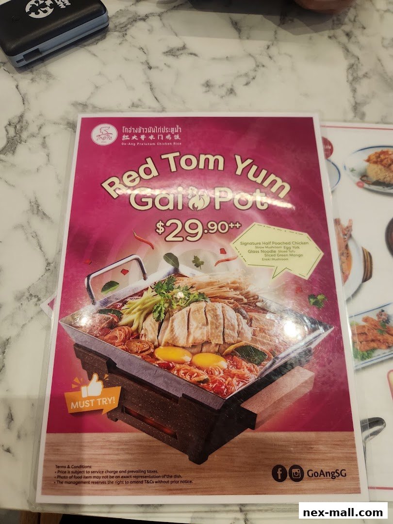 A menu featuring the Red Tom Yum Gai Pot from Go-Ang Pratunam Chicken Rice.