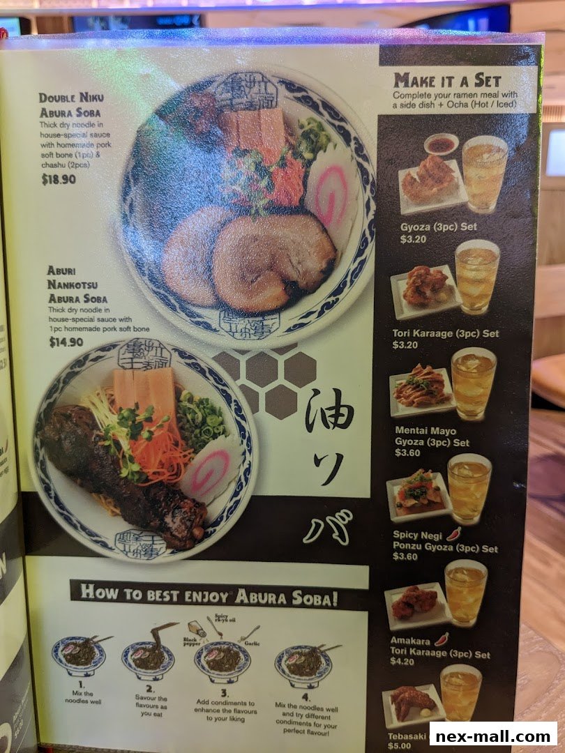 A menu showcasing Abura Soba dishes and set meals with side dishes and drinks.