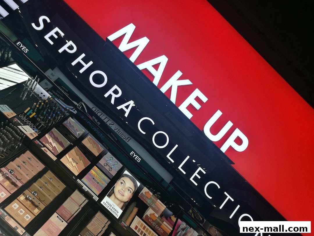 A display of makeup products, including eyeshadow palettes and face palettes, at Sephora.