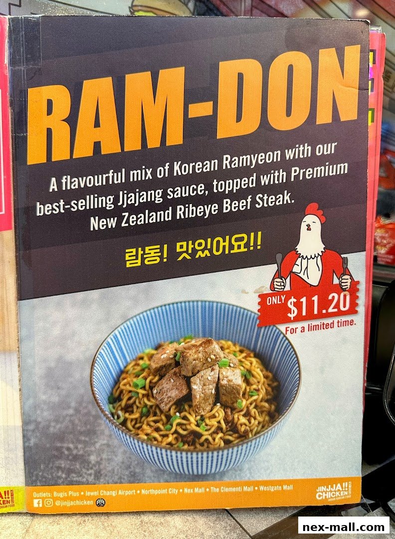 A promotional flyer for JINJJA Chicken's Ram-Don dish featuring Korean Ramyeon, Jjajang sauce, and beef steak.