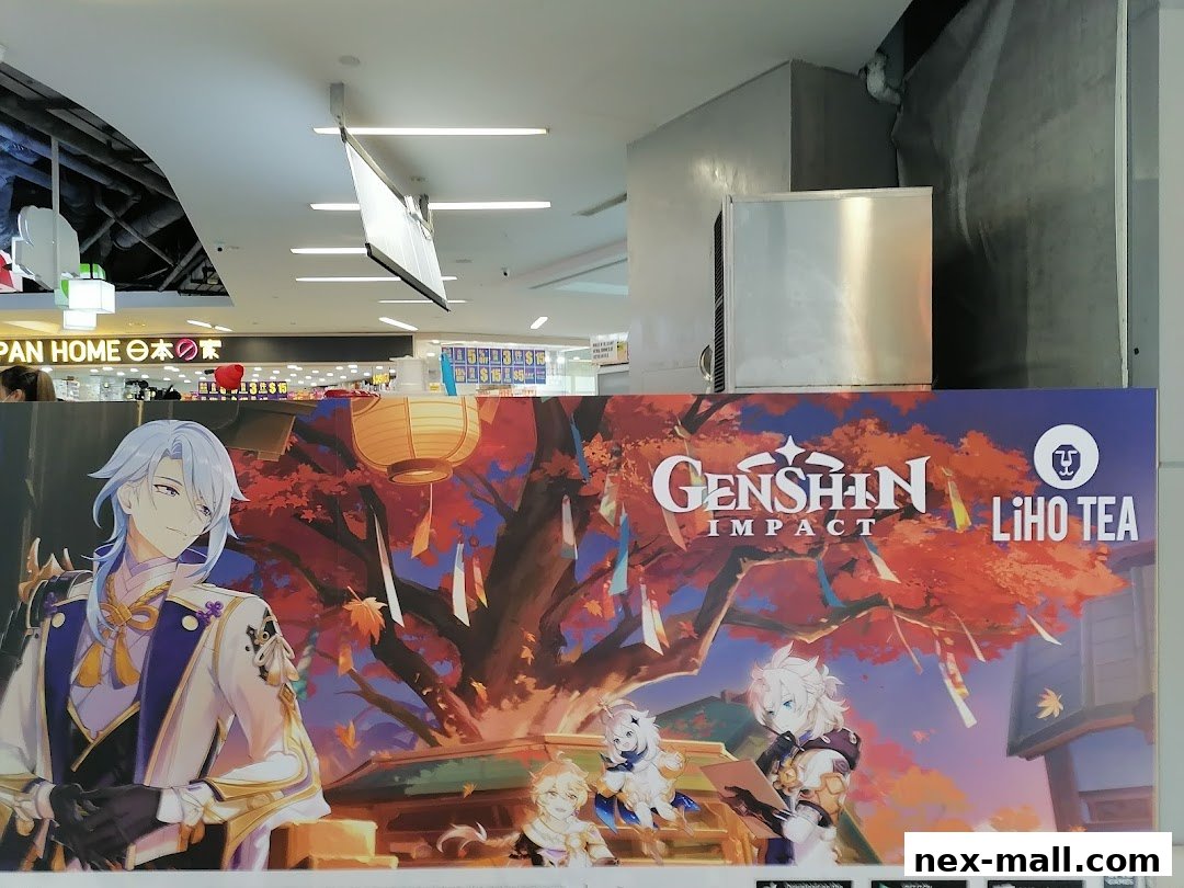 LiHO TEA shop front with Genshin Impact collaboration banner featuring characters and autumn scenery.