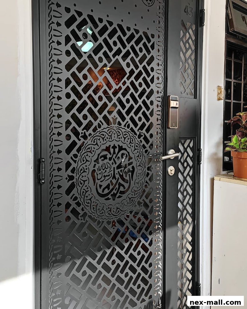 A black metal gate with intricate patterns and a digital lock is shown.