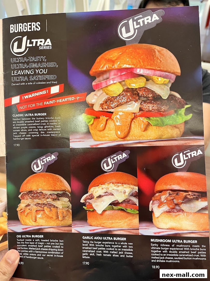 A menu showcasing Swensens' Ultra Burger series with detailed descriptions and prices.
