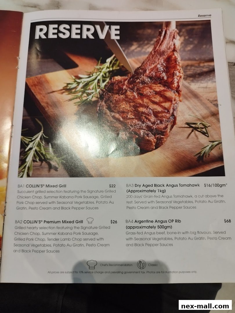A menu page featuring a large steak and descriptions of various grilled meat dishes.