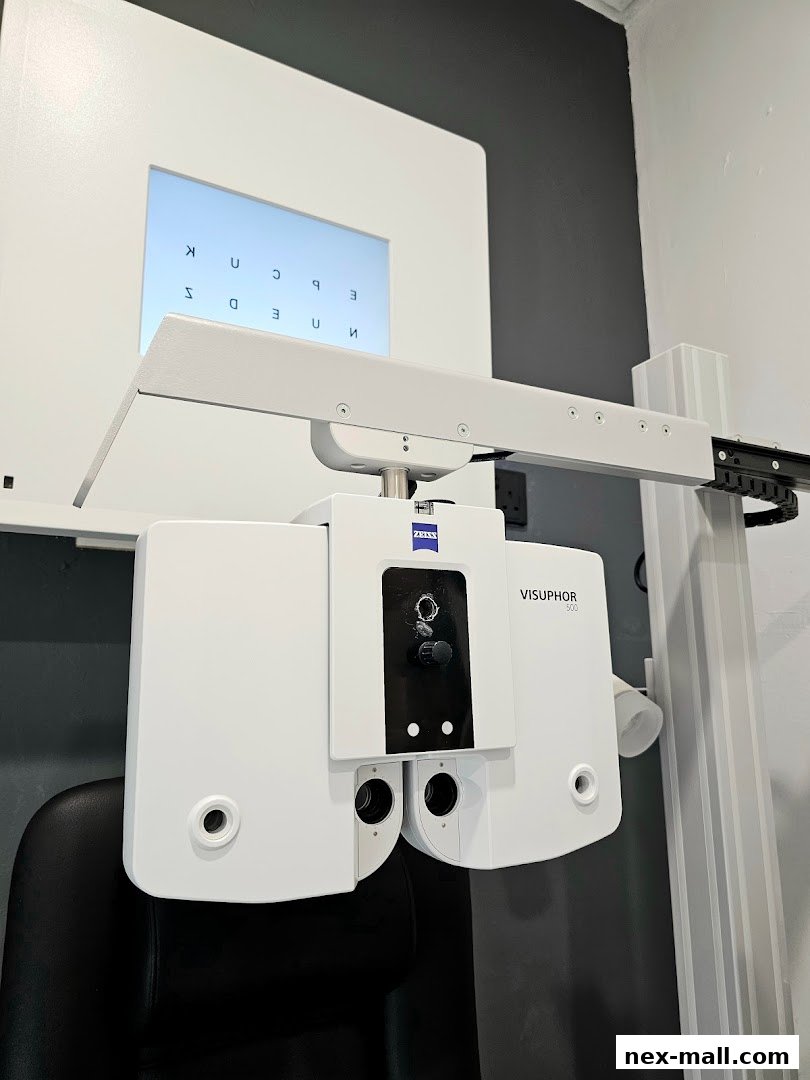 An eye examination machine with a digital eye chart and a black chair.