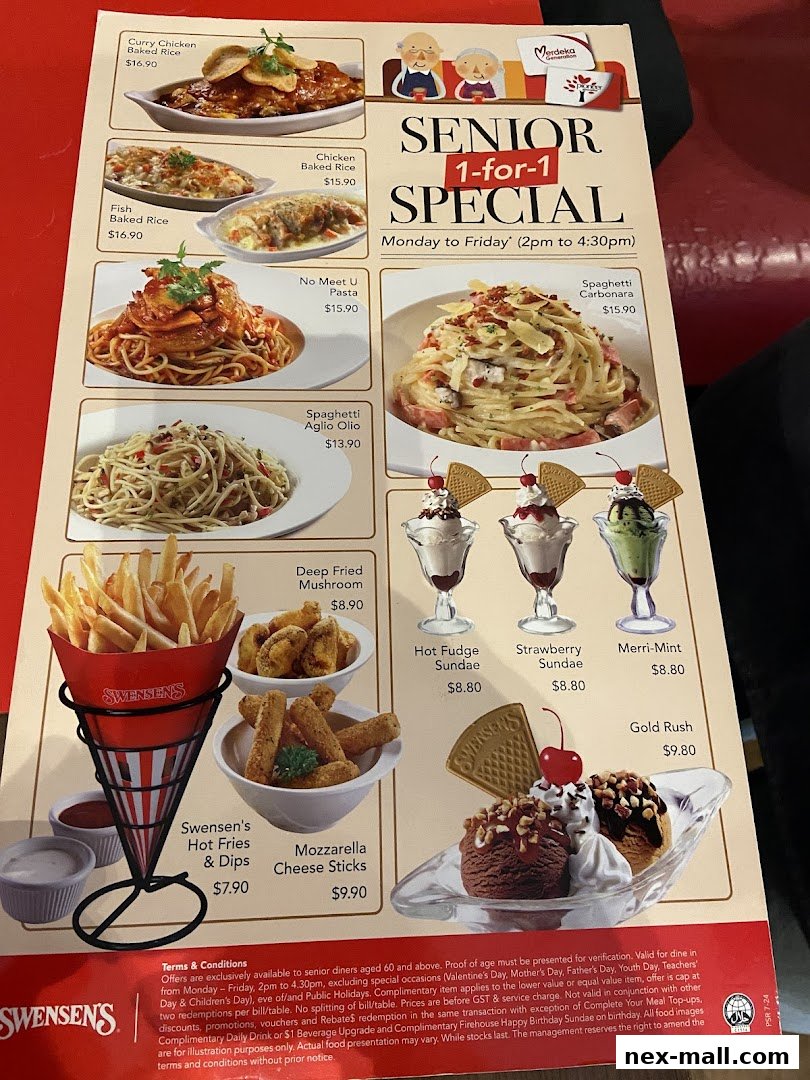 A menu from Swensen's featuring a senior 1-for-1 special with various pasta, baked rice, fries, and ice cream dishes.