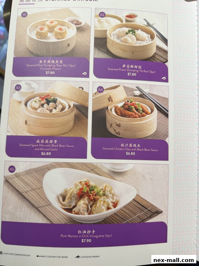 A menu page showcasing various steamed dim sum dishes with prices.