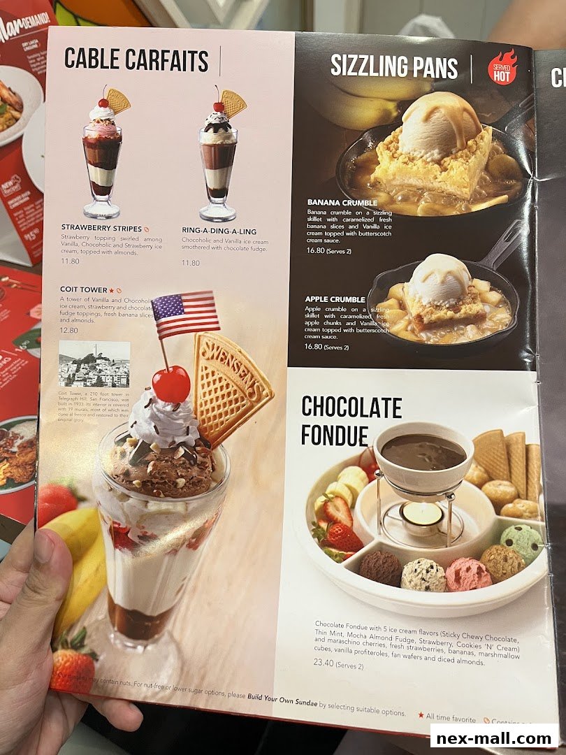 A menu page showcasing Swensens' desserts including cable carfaits, sizzling pans, and chocolate fondue.