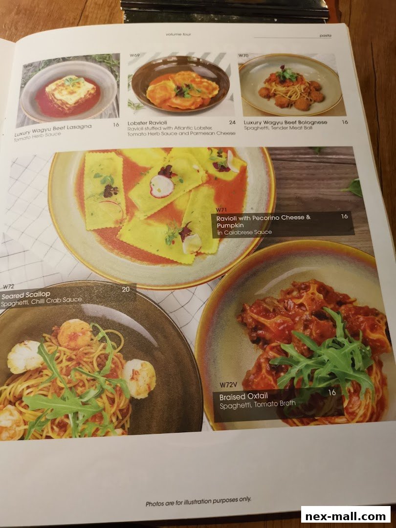 A menu page showcasing various pasta dishes with appealing food photography.