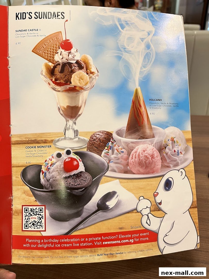 A menu page showcasing Swensen's Kid's Sundaes, featuring colorful ice cream creations like Sundae Castle and Cookie Monster.