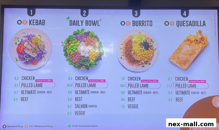 A digital menu displaying four food options: Kebab, Daily Bowl, Burrito, and Quesadilla with various fillings and prices.