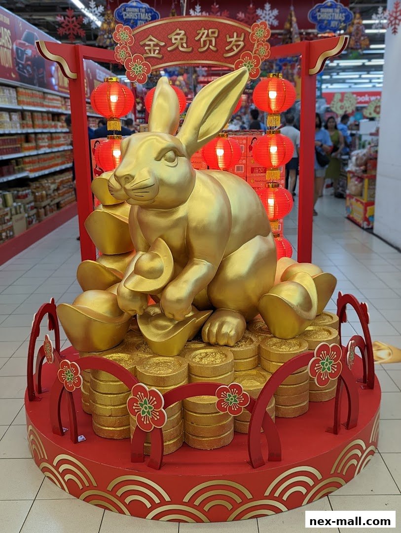 A festive golden rabbit statue surrounded by gold ingots and coins, with red lanterns and decorations.
