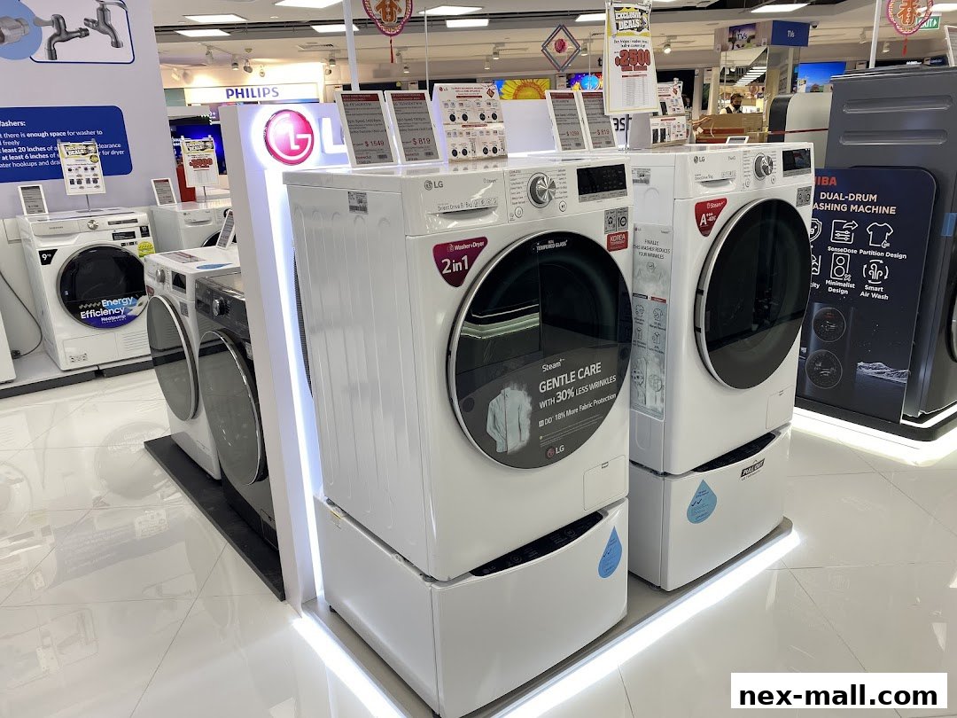 A display of LG washing machines, showcasing their features and energy efficiency.
