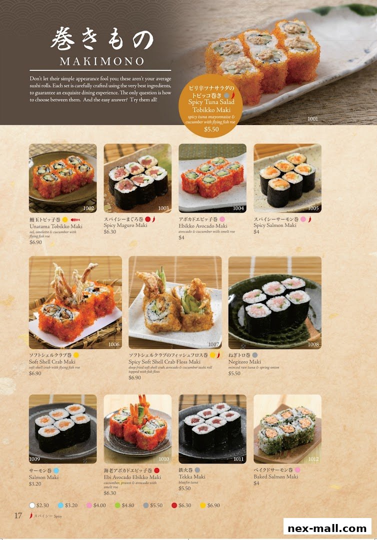 A menu page showcasing various types of sushi rolls with enticing descriptions and prices.